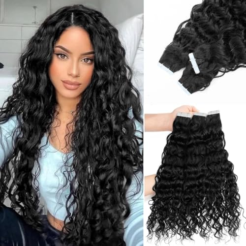 Black Water Wave Human Hair Extensions Tape Ins 18 Inch Seamless Curly 50g