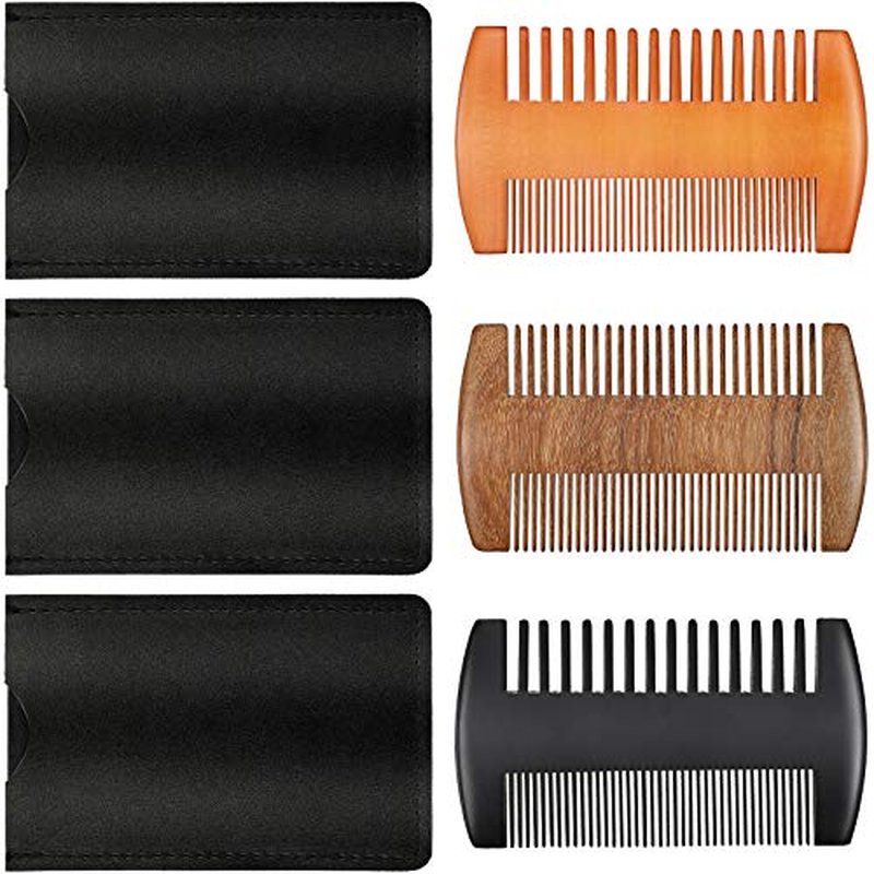 3 Pieces Beard Comb for Men Natural Sandalwood Wooden Mustaches Combs Dual Action Teeth Beard Comb with 3 Pieces Pocket Faux Leather Case for Beards Mustaches(Black, Yellow, Brown)