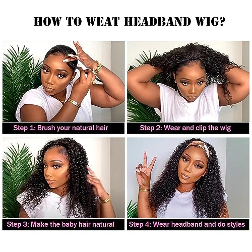 Black 12-Inch Short Curly Human Hair Headband Wig for Women
