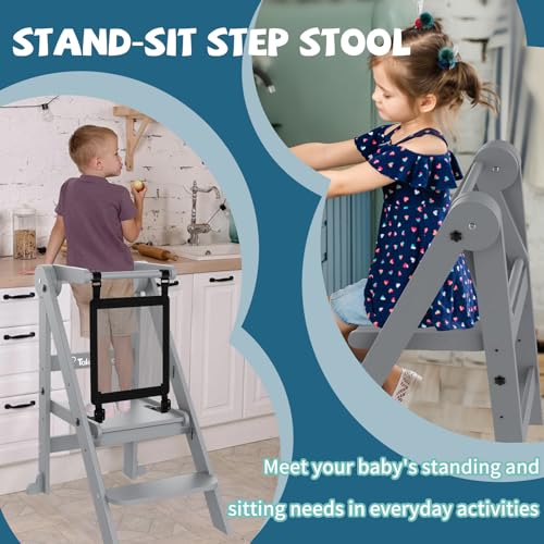 Foldable Toddler Learning Tower with Safety Nets - Gray, Adjustable Height, Space-Saving Design