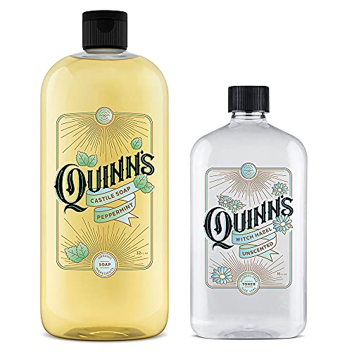 Quinn's Pure Castile Organic Peppermint Liquid Soap 32 oz Alcohol Free Unscented Witch Hazel with Aloe Vera 16oz