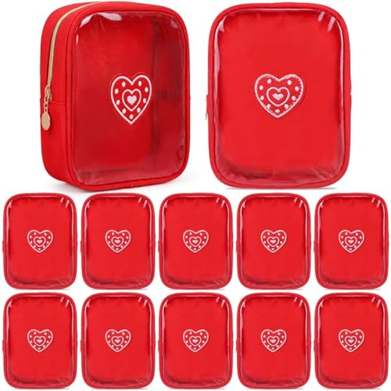 12 Pcs Valentines Heart Chenille Patches Makeup Bags with Zipper Galentine Cosmetic Bags Bulk for Women Red Waterproof Toiletry Bag Valentines Galentines Day Gifts for Team Stuff Travel