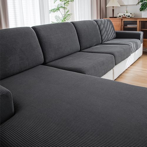QIANMEW Dark Gray Striped L-Shaped Sofa Cushion Covers Set (4 pcs, 3 Small + 1 Chaise)