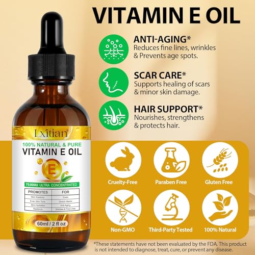 Vitamin E Oil for Skin,75,000 IU Pure Vitamin E Oil for Face, Hair,Nail & Body Tightening Plump Skin,Reduce Fine Lines & Scars,Moisturizing & Smooth,Non-GMO