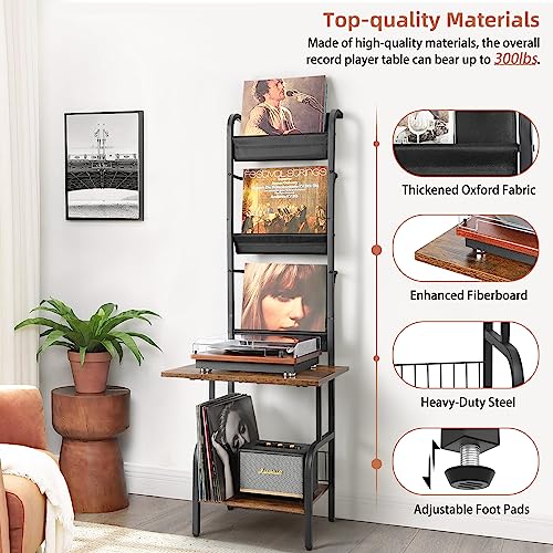 Record Player Stand with Vinyl Storage - Black & Brown, Holds Up to 200 Albums