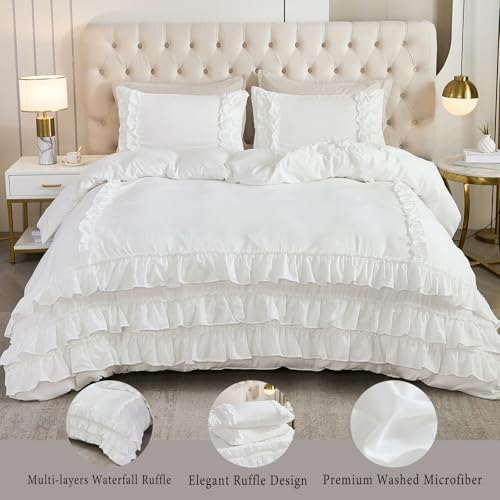 Herside White Queen Comforter Set with Ruffle Design - All Season 3-Piece Bedding