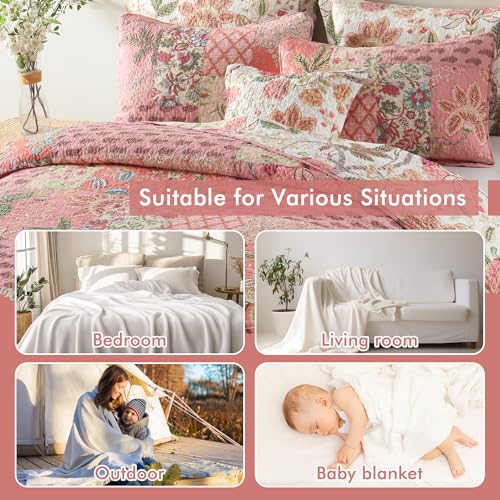Pink Floral Cotton Quilt Set Queen Size Reversible Bedspread for All Seasons