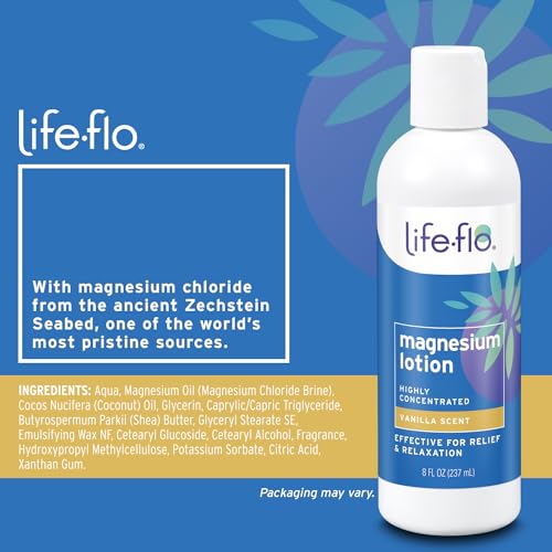 LIFE-FLO Vanilla Magnesium Lotion and Pure Magnesium Oil Spray Bundle - Magnesium Chloride from the Zechstein Seabed - 100% Magnesium Oil for Feet and Body and Vanilla Lotion, 60-Day Guarantee, 8oz ea