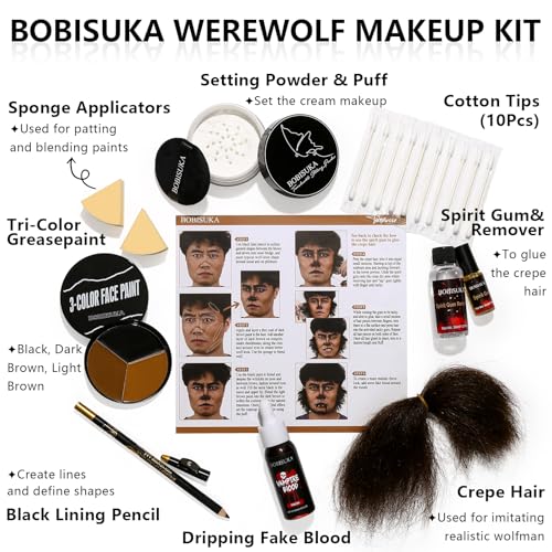 BOBISUKA Werewolf SFX Makeup Kit - Halloween Costume & Special Effects Set with Face Paint Crepe Hair Fake Blood