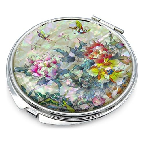 MADDesign Mother of Pearl Compact Makeup Mirror Folding Magnify Butterfly Flowers Pink Yellow