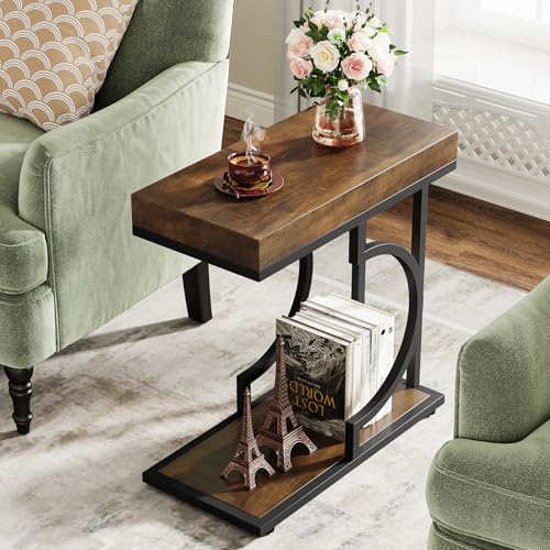 Tribesigns Narrow C Shaped Side Table for Couch Brown+Black - Small Living Room Sofa End Table