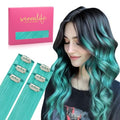 Colorful Clip-In Hair Extensions - Teal Green 16 Inch Human Hair, 6 Pieces