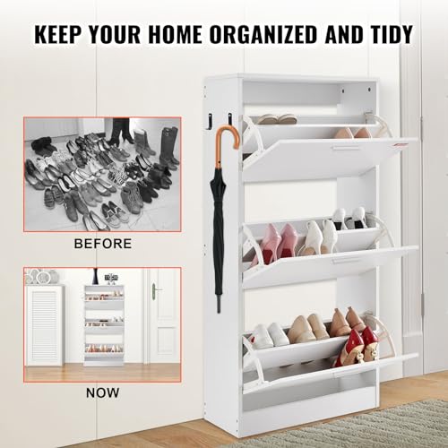 Wooden Shoe Cabinet with 3 Flip Drawers and Side Hooks, 9.33”D x 23.62”W x 47.24”H Entryway Storage Solution