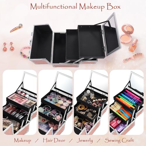 Costravio Glitter Pink Makeup Box with Mirror & Lock - Travel Organizer for Girls Women Kids