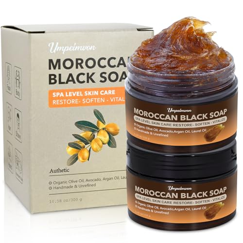 2 PCS Unrefined Moroccan Black Soap Handcrafted, Argan Oil Authetic Black Beldi Soap SPA Level Highly Moisturize, Purify and Soften Skin, with Laurel Oil for Face and Body, No Fragrance, 5.29 oz/150 g