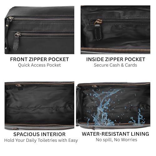 Full Grain Leather Toiletry Kit for Men & Women ? Travel Toiletries & Shaving Bag Organizer, Water-Resistant Grooming Case for Bathroom, Makeup & Cosmetic Storage - Midnight Black