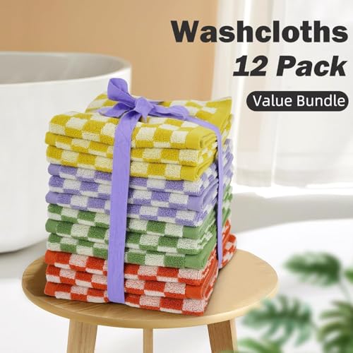 Checkered Washcloths 12 Pack - Ultra-Soft Cotton Bath Towels for Showering & Skincare (13"x13") - 4 Colors
