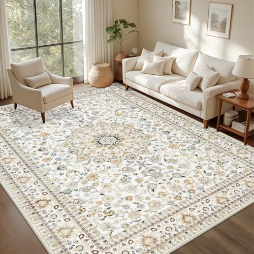 ExpediX 8x10 Area Rug - Washable Vintage Beige Living Room Rug