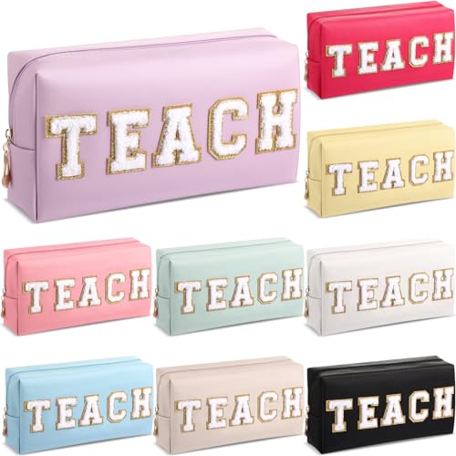 Preppy Colorful Makeup Bag for Teachers - PU Leather Cosmetic Organizer with Glitter Teach Variation