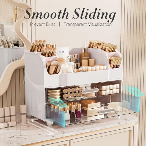 Delamu Makeup Organizer Countertop with 6 Brush Holder, Bathroom Countertop Organizer with 2 Large Drawers, Cosmetic Display Case for Vanity, Ideal Christmas Gifts for Women Girls, Light White