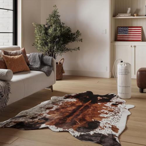 Brown Faux Cowhide Rug 4'7"x6'7" Semicircular Washable Non-Shedding