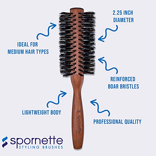 Large Round Boar Bristle Hair Brush for Styling and Volume - Wooden Handle, 2.25 Inch