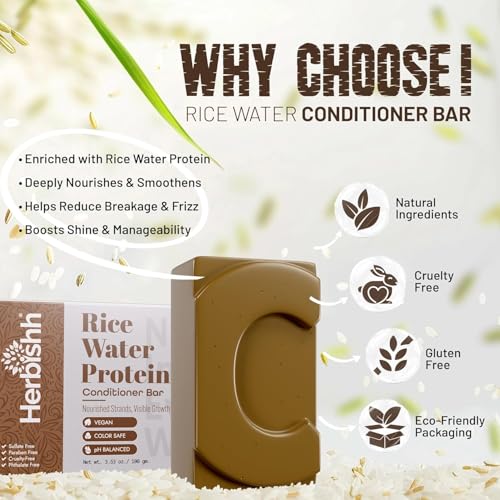 Herbishh Rice Water Conditioner & Castor Oil Shampoo Bar Set - Nourishing Hair Care for Dry and Damaged Hair - Vegan, Sulfate-Free, 2 x 3.53 oz