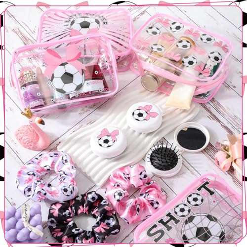 Pink Bow Soccer Gifts Set for Girls – Makeup Bag, Hair Scrunchies & Folding Brush – Sports Party Favors