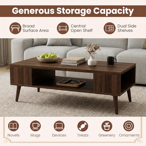 Mid Century Modern Walnut Coffee Table with Storage and Open Shelf