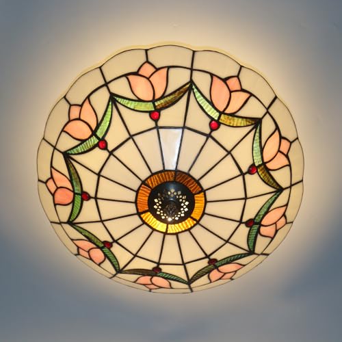 16 Inch Tiffany Style Stained Glass Ceiling Light Flush Mount Pink Variation