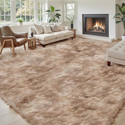 8x10 Dark Beige Tie-Dyed Shag Area Rug for Living Room & Bedroom, Soft Plush Carpet