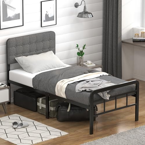 Twin XL Bed Frame with Upholstered Headboard and Metal Footboard - Heavy Duty, No Box Spring Needed, Easy Assembly
