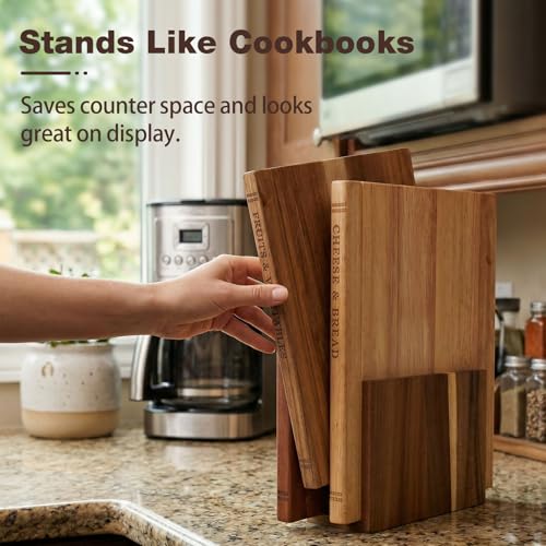 Book-Shaped Acacia Wood Cutting Board Set with Stand - Labeled for Meat, Fish, Cheese, Fruits & Vegetables - Decorative Kitchen Gift
