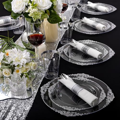 Morejoy 350PCS Clear Silver Disposable Plates Set - Elegant Party Dinnerware