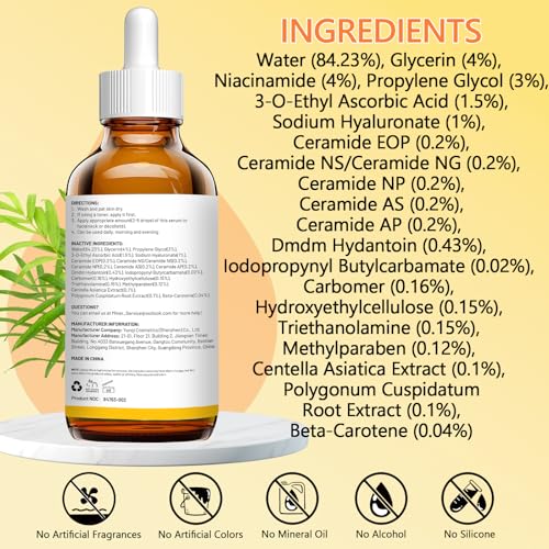 Pure 4% Niacinamide Serum for Acne Treatment for Face & Dark Spots | Brightening Face Serum with 1.5% Vitamin C | 1% Hyaluronic Acid | 1% Ceramide T5 | Made in China (4 fl.oz/120ml) Travel Pack Size