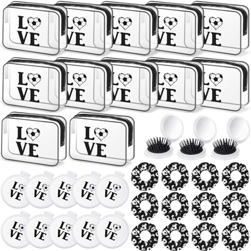 Soccer Gifts Set for Women - Makeup Bags, Hair Scrunchies & Folding Hair Brush - Black and White - Variation of Soccer
