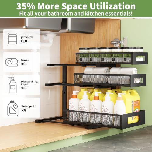 Under Sink Organizer 3-Tier Heavy Duty Pull Out Shelf - Black 2 Pack