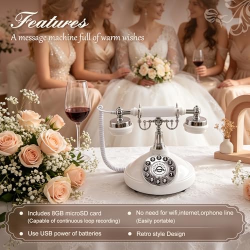 Oreozix Ivory White Retro Telephone Voice Recorder Wedding Guest Book with Custom Greeting