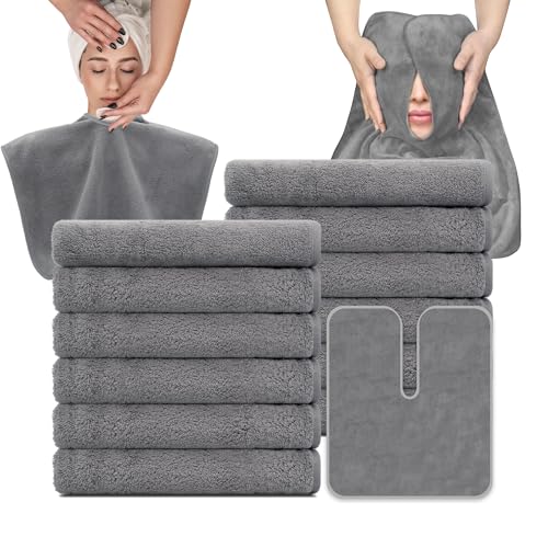 12 Pack Gray U-Shaped Microfiber Facial Towels for Estheticians & Spa Treatments - Soft & Absorbent