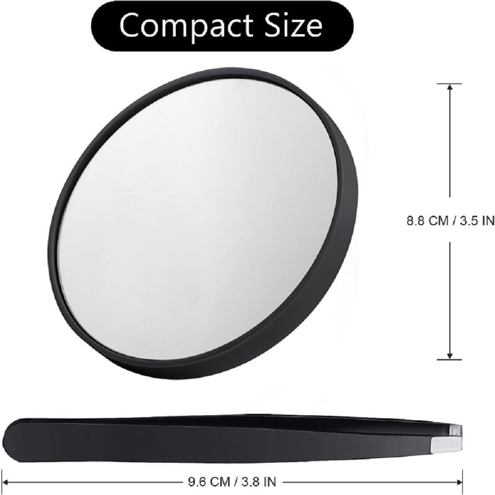 30X Magnifying Mirror, Small Magnify Mirror with Two Suction Cup and Tweezers, 3.5 Inches Travel Magnified Makeup Mirrors, Compact Hand Mirror for Tweezers for Women Facial Hair, Black
