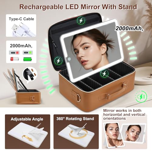 Faquenc Brown Large Makeup Train Case with LED Mirror, Travel Organizer