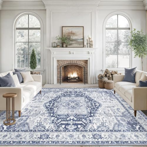 Washable 8x10 Navy Blue Area Rug Non-Slip Living Room Carpet - Kid & Pet Friendly