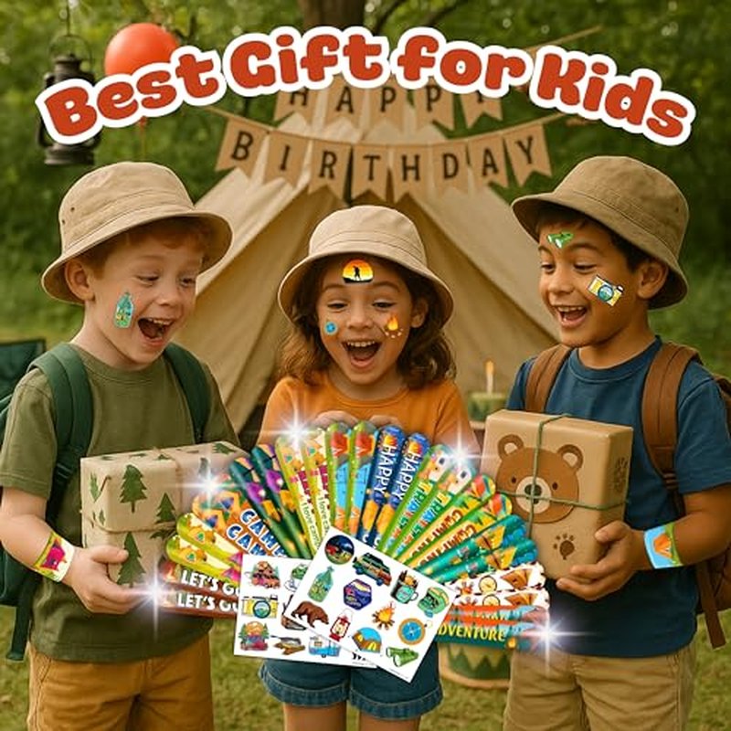 48 PCS Camping Party Favors 24PCS Tattoos Sticker 24PCS Slap Bracelets Wristbands Perfect for Camp Themed Birthday Baby Showers or Classroom Rewards Ideal Decor and Gifts for Girls and Boys