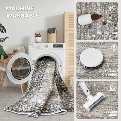 Grey and Brown 9x12 Washable Area Rug for Living Room - Vintage Print, Pet-Friendly, Non-Slip