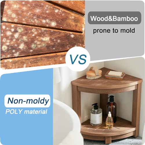 Corner Shower Stool with Storage and Adjustable Feet - Waterproof Plastic Seat for Shaving, Brown