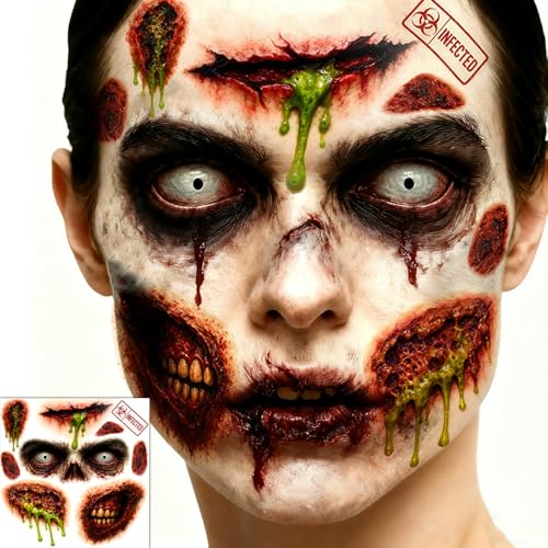 Halloween Zombie Tattoos Kit ? 6 Sheets (4 Zombie Tattoos + 2 Wound Tattoos) ? Fake Scars Temporary Tattoos for Adults, Women, Men ? Realistic Zombie Makeup Kit, Scary Halloween Makeup Accessories (A)