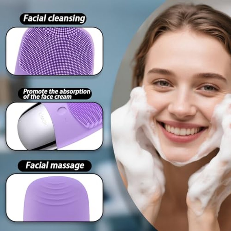Facial Cleansing Brush, 3-in-1 Electric Silicone Face Scrubber, Vibrating Massager, IPX7 Waterproof, USB Rechargeble Pore Brush for Deep Cleanning, Blackhead Remover, Exfoliating (Purple)