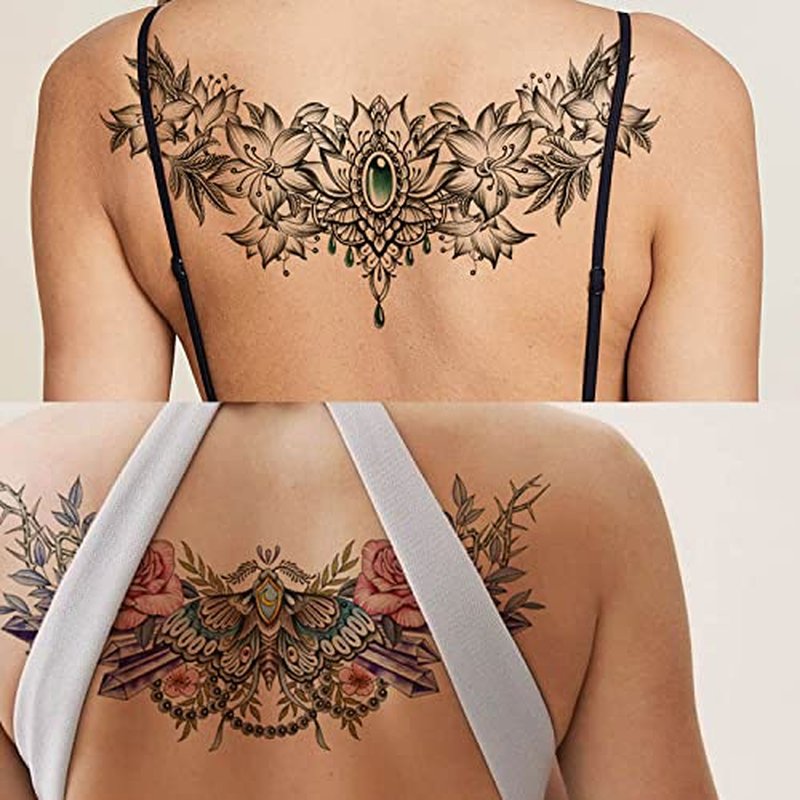Floral Temporary Tattoo for Women, 8-Pack 7.5inx12.5in Large Realistic Flower Tattoos Stickers, Long-lasting Horizontal Fake Tattoos, Makeup for Girls Chest Back Underboob Waist Body