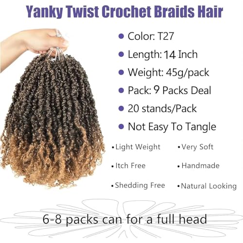 Datanala 14 Inch T27# Pre-Twisted Yanky Twists Crochet Hair 9 Packs Bohemian Passion Style