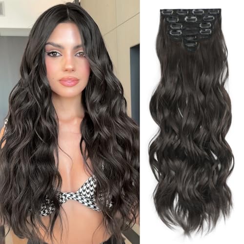Dark Brown 24 Inch Clip-In Wavy Hair Extensions - 6PCS Long Hairpieces for Women